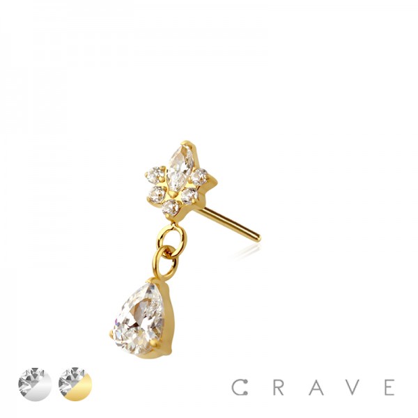 316L SURGICAL STEEL THREADLESS PUSH IN MARQUISE STARBURST TEAR DROP DANGLE CZ TOP PART